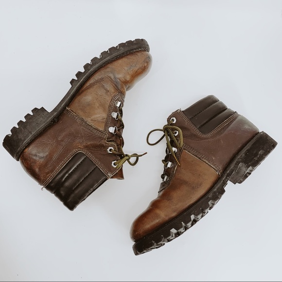VINTAGE Boots Iron Age Lace Up Leather Brown Safety Toe Ankle High Top Vibram - Picture 2 of 8
